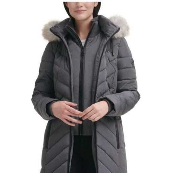 NWT DKNY Gray Puffer Jacket with Faux Fur Trimmed Hood - Picture 3 of 5